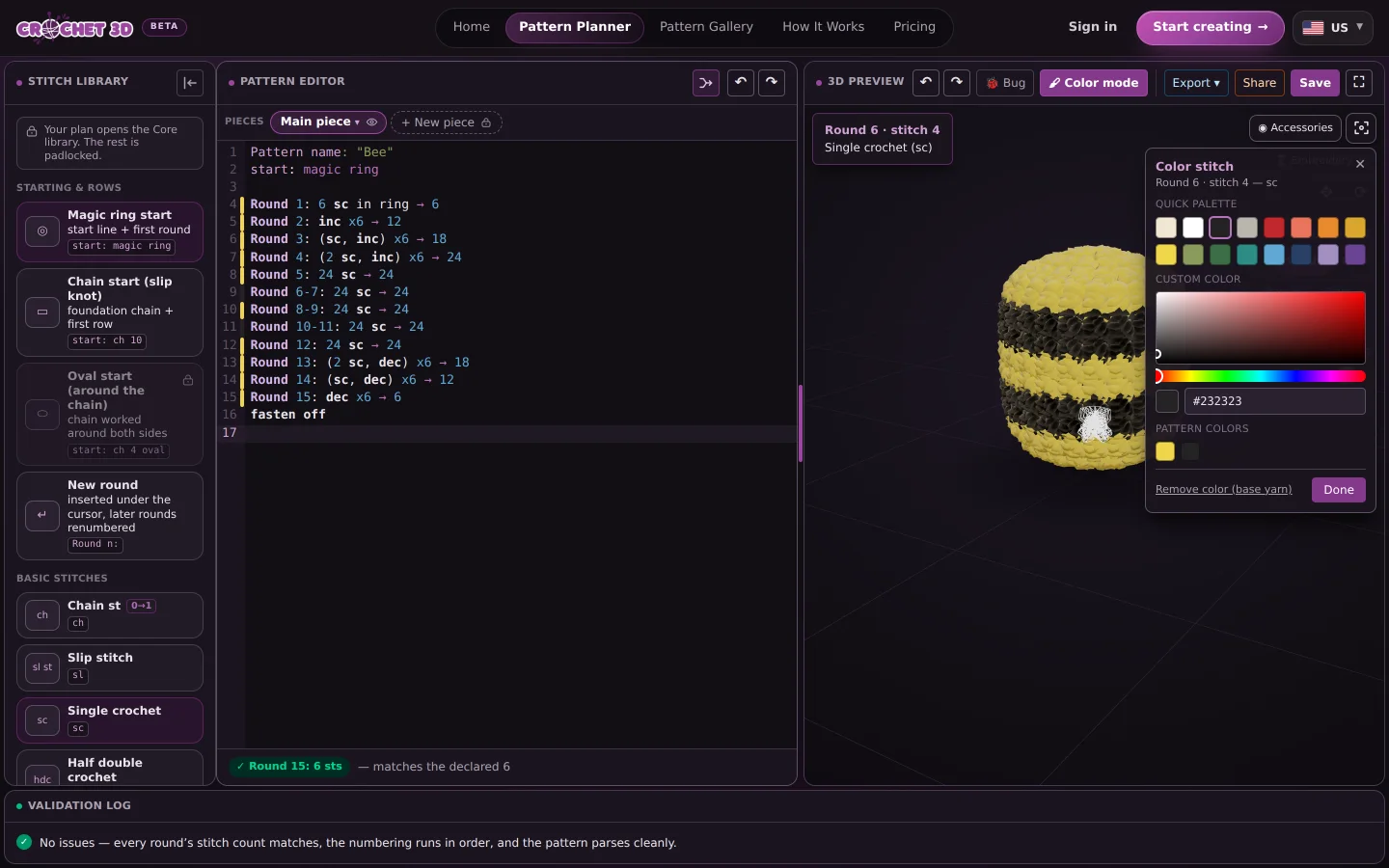 Colour mode on: a stitch of the bee's body is selected in the 3D view and the colour picker floats over the panel with recent colours, the pattern's colours and a hue slider.