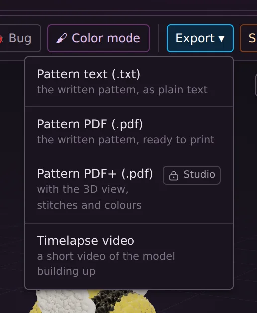 The Export menu open over the workspace, listing the pattern text, the pattern PDF, the PDF+ and the timelapse video.