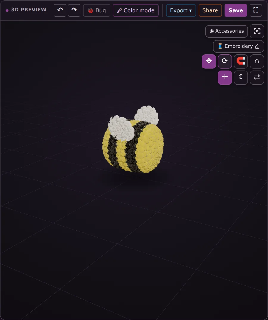 The 3D preview panel of the bee with the move tool selected and a row of one-click position buttons showing under the toolbar.