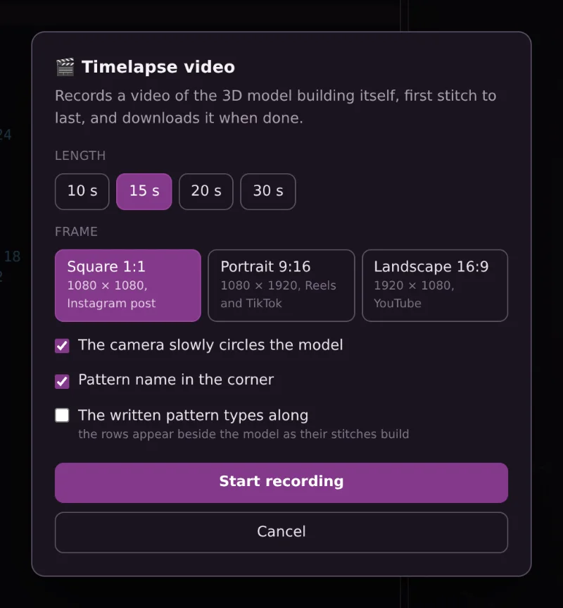 The timelapse dialog: a choice of length in seconds, three frame formats, and toggles for the circling camera, the caption and the typed pattern text.