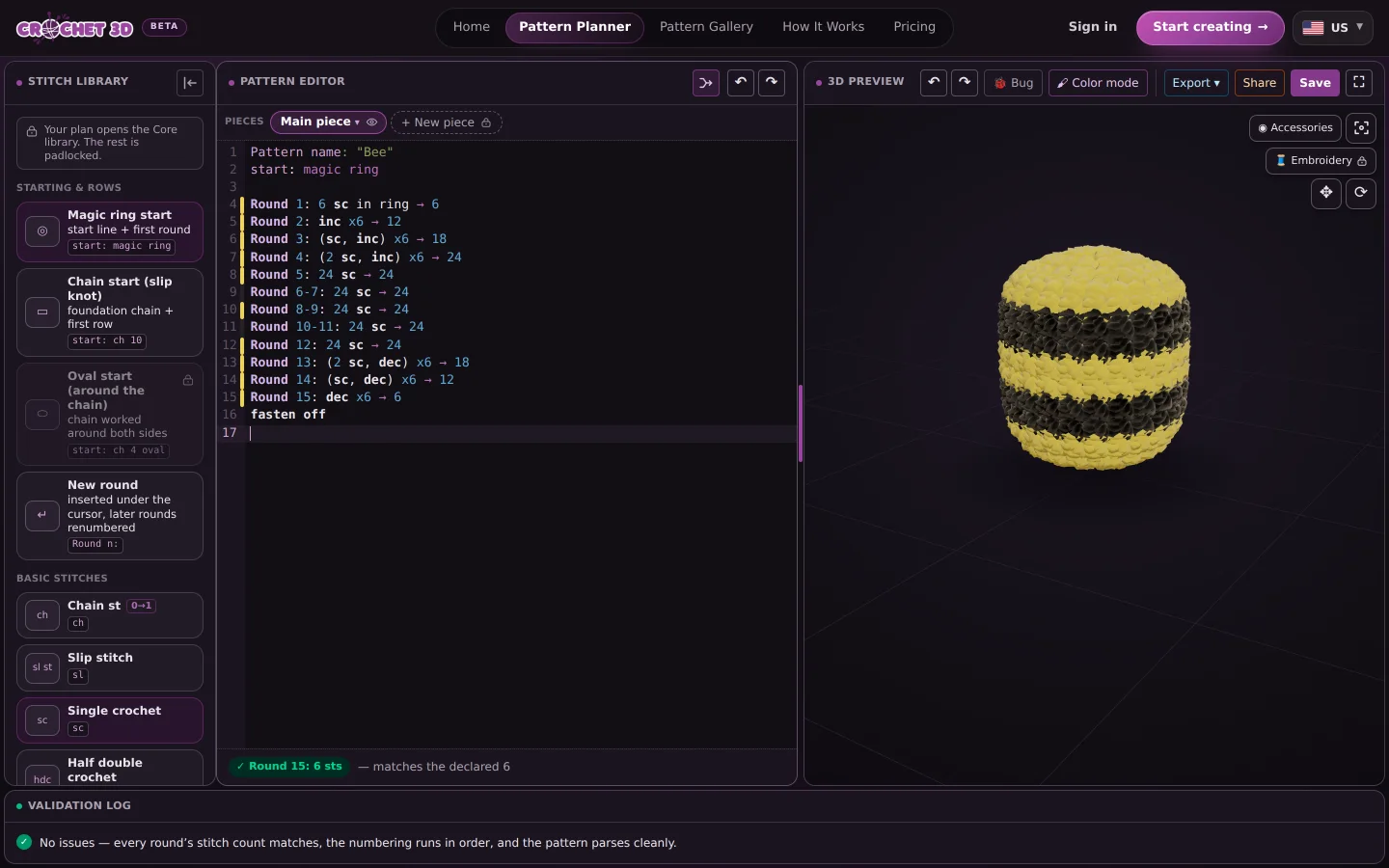The workspace right after the bee's body was pasted in: the fifteen rounds in the editor, a green row bar reading Round 15: 6 sts, and the striped body standing in the 3D view.