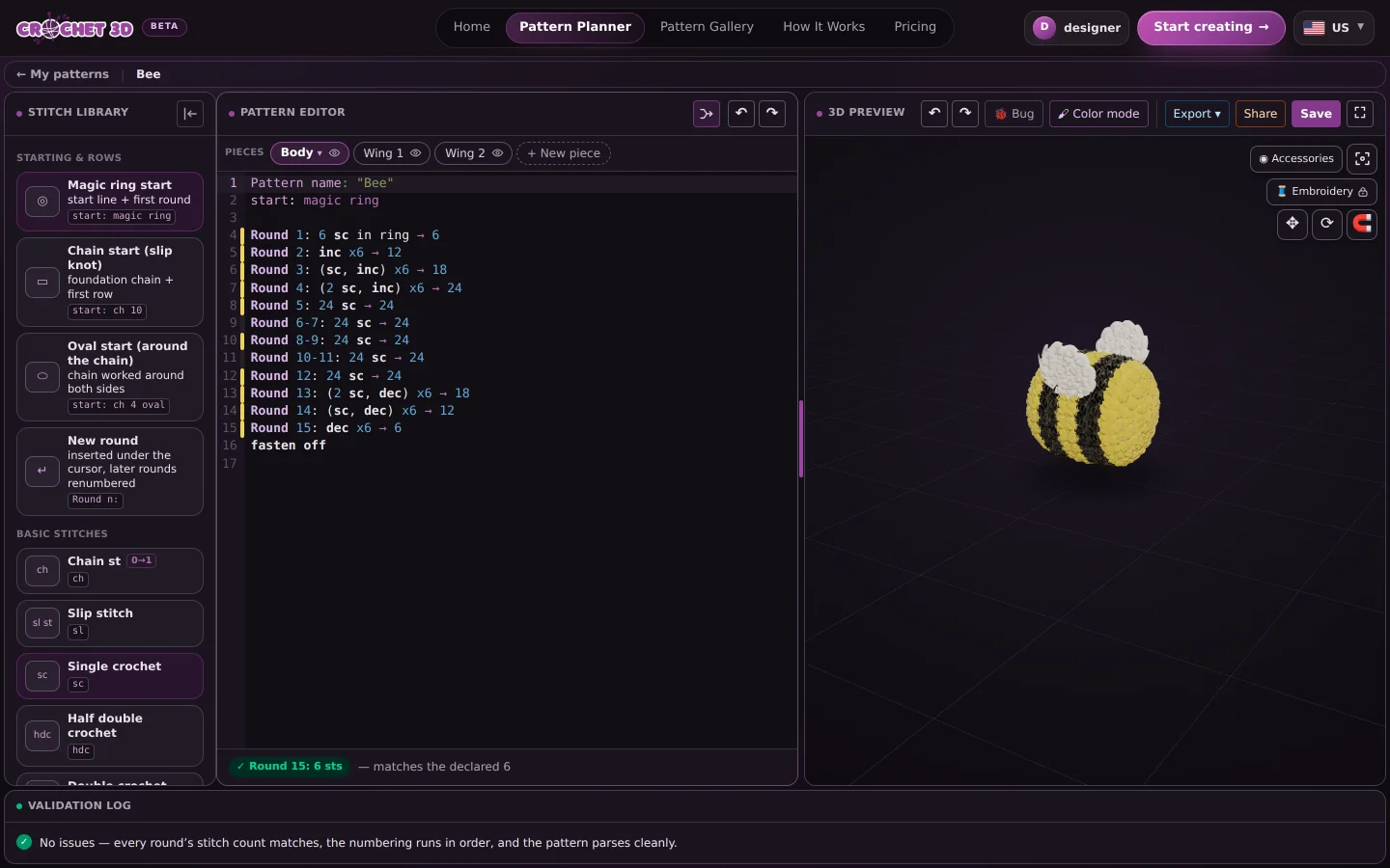 The planner's workspace with the bee pattern: the stitch library on the left, the pattern text in the middle with a green row bar under it, the striped 3D model on the right, and the validation log along the bottom.