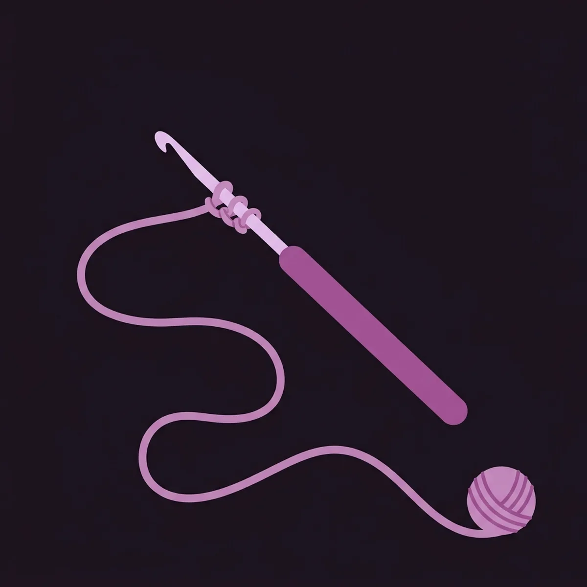 A crochet hook lying diagonally with a few stitches on it, a loose strand of yarn curving away from the tip to a small ball of yarn.