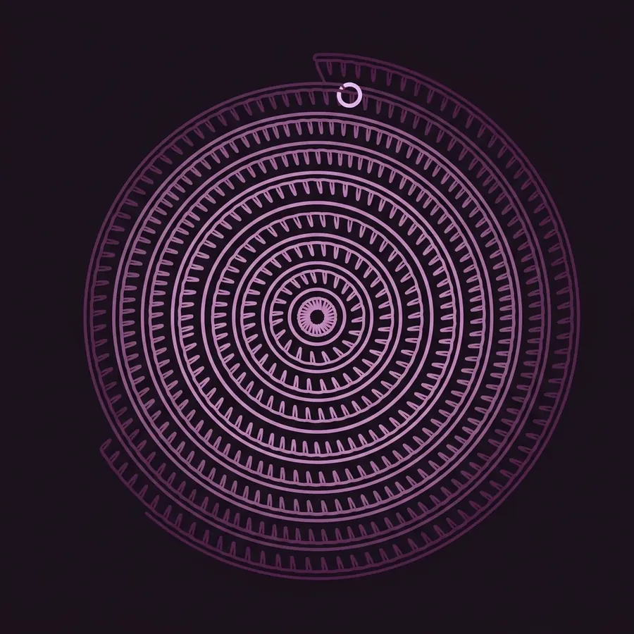 A crochet piece worked in the round seen from above: one continuous spiral of small even stitches winding outward from the centre, with a single stitch marker clipped to the outermost round.