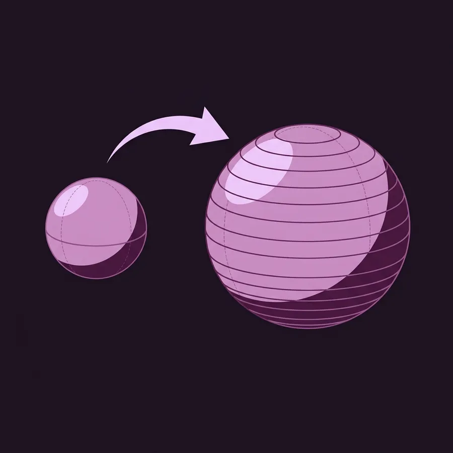A small ball and a larger ball of the same shape side by side, an arrow sweeping from the small one to the large one, each wrapped in rings — few on the small, many on the large.