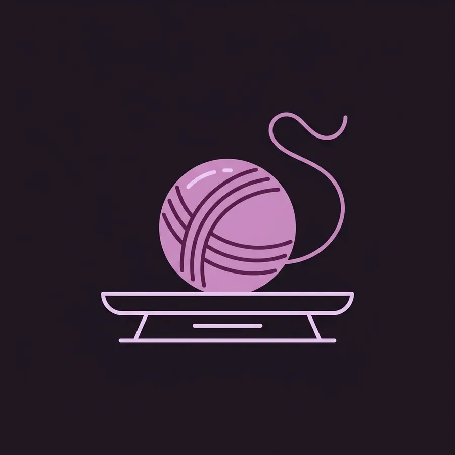 A ball of yarn resting on the flat pan of a simple kitchen scale, with one loose strand curling up and away from it.